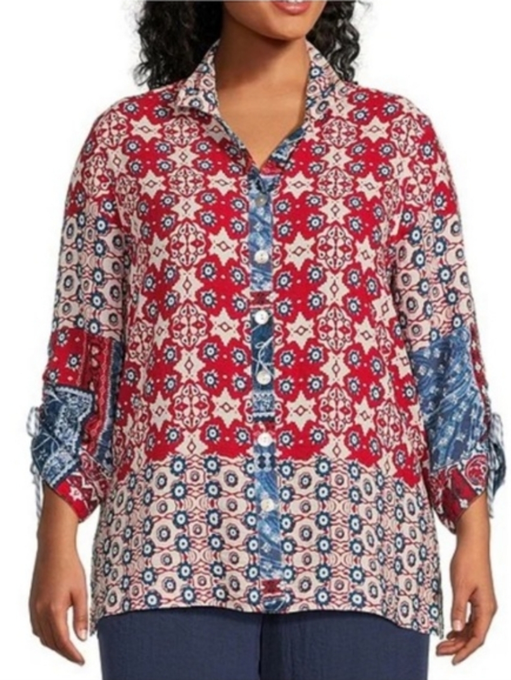 John Mark Red And Blue Cinch Sleeve Top, Sz 2X